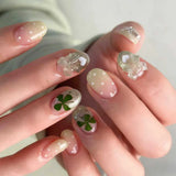 Daiiibabyyy  24Pcs Green Gradient Shiny Powder Press on Nails 3D Bow Heart Four Leaf Clover False Nails Short Round Reusable Fake Nails Tips
