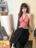 DAIIIBABYYY  -  Summer Y2k Aesthetic Stripe Patchwork Lace Tank Top Women Streetwear Halter Bandage Vest Harajuku Backless Bow Cropped Camisole