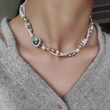 Daiiibabyyy  Old Wind Imitation Sea Blue Treasure White Crystal Freshwater Pearl Glass Pendant Women's Banquet Jewelry Sea Necklace