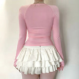 Daiiibabyyy  Fashion Sexy Sweet Bow Tie with Pink Long Sleeved T-shirt Slim Fit Slimming Spicy Girl Base Top