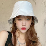 Daiiibabyyy Spring Double-sided Bucket Hat Women Summer Sun Basin Hat Showing Small Face Internet Celebrity Bucket Hat Tide