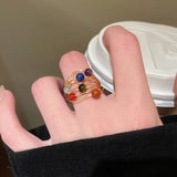 Daiiibabyyy  Retro Colored Seven Chakra Beads Tiger Eye Stone Planet Ring Women Girls Personalized Index Finger Ring Jewelry