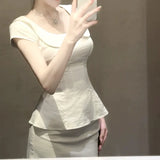 DAIIIBABYYY  -  Slimming French Style Pure Desire Sweet Two-Piece Set Women's Summer Trendy Top Half Skirt Ensemble Waist-Cinching Top