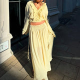 Daiiibabyyy  2025 Elegant Sexy Chiffon Summer Tops Pleated Ruffles Trim V-neck Long Sleeved Sheer Loose Shirts Blouse Holiday Streetwear