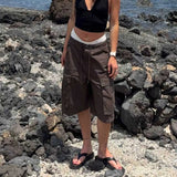 Daiiibabyyy  Women's Summer Shorts Cotton Mid Waist Drawstring Short Pants Olive Green Flap Pocket Casual Shorts Brown Loose Fit Cargo Shorts