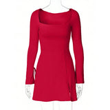 Daiiibabyyy  Autumn New Style Chic Sexy Square Neck Long Sleeve Lace-up High Waist Bodycon Solid Color Slit Mini Dress Casual Streetwear