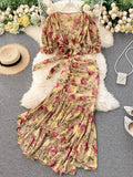 DAIIIBABYYY  -  Bohemian Pink/Blue Floral Print Chiffon 2pcs Set Women Summer Bandage Short Tops + High Waist Mermaid Skirt Female Sets