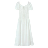 Daiiibabyyy  Holiday White Bow O neck Elastic Body Puff Sleeve Long Dress Women Slim Ruched Waist A-lined Swing Dresses Summer Robe Vestidos