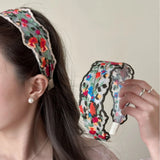 Daiiibabyyy  Vintage Flower Chiffon Embroidery Headband For Women Elegant Ethnic Lace Wide Headband Hair Hoop Hair Accessories Wholesale