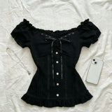 Daiiibabyyy  Vintage Black Lace Lace and Bubble Short Sleeved T-shirt Vintage Feel Summer Slim Fit Slimming Short Top