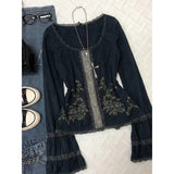 Daiiibabyyy  Y2K Vintage Black T Shirts Women Harajuku Streetwear Lace Floral Crop Tops Summer Sexy Gyaru Grunge Flare Long Sleeve Tees