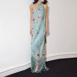 Daiiibabyyy  Lady Sexy Sleeveless Hight Waist Bohe Dress Fashion Tassel Decorative Long Dress Elegant Print Scarf Collar Backless Party Dress