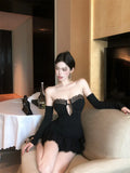 Daiiibabyyy  Hot Girls Short Party Dress Women Summer New Strapless Sheath Club Dress with Sleeves Hollow Out Lace Trim Mini Black Dresses