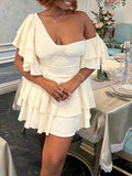 Daiiibabyyy  Solid Spliced Ruffles Slimming Mini Dress for Women Diagonal Collar Short Sleeve High Wiast Temperament Dress Female New