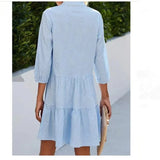Daiiibabyyy  Summer Woman Dress Pleated Midi Light Blue Dresses Gingham Print Three Quarter Sleeve Casual Dress Ruffle Hem Button Down Dress