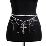 DAIIIBABYYY  -  Steampunk Metal Mesh Tassel Cross Pendant Waist Chain Sexy Gothic Imitation Pearl Body Chain Women's Bar Body Jewelry