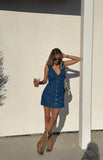 Daiiibabyyy  Summer Woman Denim Dress Cotton V Neck Jeans Dress High Waist Short Denim Dresses Mini Tie Back Jean Dress Front Buttons