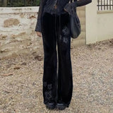 Daiiibabyyy  Women's Low Waist Pants Black Slight Flare Trousers Star Embellished Velvet Pants Drawstring Waist Wide Leg Flared Pants