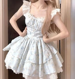 DAIIIBABYYY  -  Hot Girl Lace Flying Sleeve Floral Dress for Women's Summer Slim Fit Square Collar A-line Short Dress Fashion Female Clothes