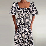 DAIIIBABYYY  -  Summer Pattern Printed High Waist Long Dress Female Elegant Square Neck Short Sleeved Pleated Dress Casual Commuting Loose Dress