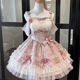 DAIIIBABYYY  -  Japan Lolita Sweet Girl Pink Blue Jacquard Fabric Off-The-Shoulder Dress Female High Waist Lace-Up Bow Above Knee Princess Dress