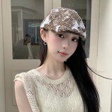 DAIIIBABYYY  -  American Personalized Leopard Print Lace Splicing Hole Forward Hat Women's Trend Y2k Breathable Short Brim Sunshade Painter Cap
