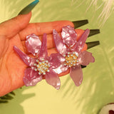 Daiiibabyyy  Exaggerated Large Acrylic Flower Pendant Earrings for Women Vintage Crystal Petal Temperament Earrings Jewelry Daily Wear