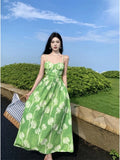 Daiiibabyyy  Suspender dress for women's summer beach vacation beach dress green flower high waisted long dress waist cinched suspender SFEV