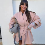 DAIIIBABYYY  -  Women Winter New Fashion Coats Light Pink Turn-Down Collar Long Sleeve Bow Belt Decoration Female Elegant Overcoats