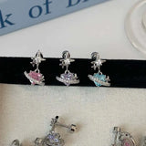 Daiiibabyyy  1Pcs Pink Zircon Heart Star Stud Earrings For Women Stainless Steel Metal Four-Pointed Star Piercing Ear Bone Nail Y2K Jewelry
