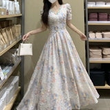 Daiiibabyyy  Summer new long dress waist flower new film dress summer short sleeve French lace heavy industry lining