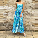 Daiiibabyyy  Elegant Sleeveless Waist Long Romper Fashion Pattern Print Split Suspenders Playsuit Sexy Off Shoulder Tie-Up Bohe Jumpsuit