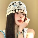 DAIIIBABYYY  -  Bohemian Ethnic Style Shell Pendant Hollow Pullover Hat Women's Summer Fashion Breathable Handmade Crochet Knitted Beanie Cap