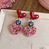 Daiiibabyyy  Colored Glaze Resin Heart Dangle Earrings for Women Sweet Polka Dot Flower Pendant Earring Beach Dating Picnic Party Jewelry K