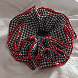 Daiiibabyyy  1PC Black And White Gingham Hair Scrunchie With Red Trim, Large Voluminous Hair Tie, Stylish Hair Accessory For Women