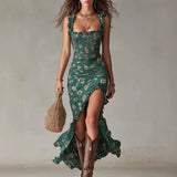 Daiiibabyyy  New Bohemian Vintage Ruffled Sleeveless Camisole High Slit Dress Ideal for Summer Occasions