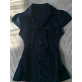 Daiiibabyyy  French Retro Vintage Temperament Navy Blue Lace Up Button T-shirt Slim Fit Slimming Top Women