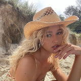 Daiiibabyyy  Hand Woven Raffia Hat Women Summer Simple Western Cowboy Straw Hat Lady Ins California Girl Seaside Vacation Curled Brim Sun Hat
