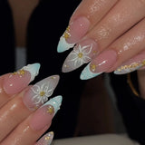 Daiiibabyyy  24Pcs French White Gradient Almond Press on Nails Flower Pattern False Nails with 3D Rhinestone Design Fake Nail Art