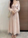Daiiibabyyy  Korean Sweet Pink Dress for Women Square Collar Slim Waist Robe Elegant Femme Vestidos De Mujer Vintage Puff Sleeve Maxi Dresses