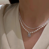 Daiiibabyyy  Vintage Shiny Cubic Zircon Square Pendant Necklace for Women Elegant Imitation Pearl Necklace Sweater Chain Party Jewelry Gifts