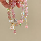 Daiiibabyyy  Light Luxury Strawberry Crystal Pink Beads Beaded Bracelet Exquisite Tassel Pendant Flower Bracelet Temperament Handmade Jewelry