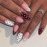 Daiiibabyyy  24Pcs Mid-length Almond Press on Fake Nails Blue French Coffee Flower Polka Dot False Nails Art Rhinestone Full Cover Nails Tips