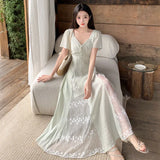 DAIIIBABYYY  -  Lace Patchwork Design V-neck Short Sleeved Dress New French Style Gentle Women's Tie Up Clothing Slim Waist Stylish Long Dresses