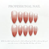 Daiiibabyyy 10Pcs Pink Handmade Almond Press on Nails Cat Eye Glitter Wearable False Nails Decoration Gradient Manicure Fake Nails Tips