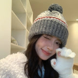 Daiiibabyyy  Japanese Retro Jacquard Knitted Pullover Hat for Women Autumn and Winter Ear Protectors Thickened Warm Skull Beanie Cap