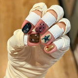 Daiiibabyyy  10pcs Handmade False Nails Art Blue Gradient Short Square Round Press on Nails Tips Cute Bow Button Fake Nail Set Denim Manicure