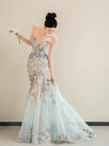 Daiiibabyyy  Floral Mermiad Long Wedding Dresses Women Elegant Strapless Sleeveless Formal Birthday Evening Party Dress Customized Prom Gowns