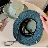 DAIIIBABYYY  -  Japanese High Quality Spring and Autumn Sunshade Bucket Hat Men and Women Big Head Outdoor Big Brim Windproof Lace-up Denim Cap