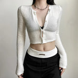 DAIIIBABYYY  -  New Women's Solid Color Slim Fit with Exposed Navel Fashion Round Neck Long Sleeved Cardigan T-shirt for Women